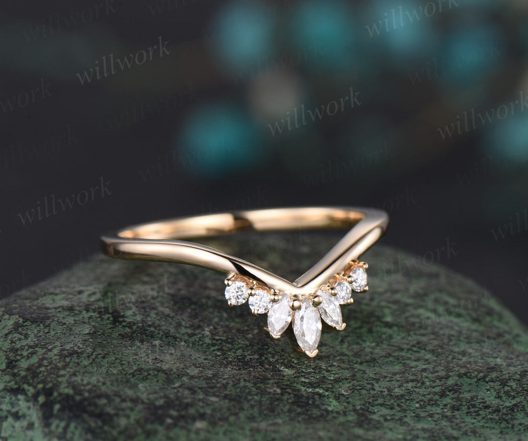 Curved V shaped marquise cut diamond wedding band solid 14k yellow gold stacking moissanite bridal anniversary ring women gift