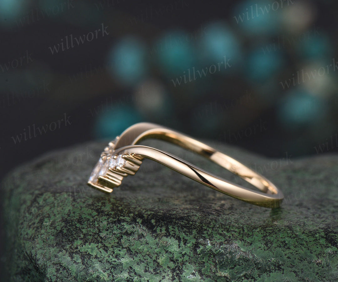 Curved V shaped marquise cut diamond wedding band solid 14k yellow gold stacking moissanite bridal anniversary ring women gift