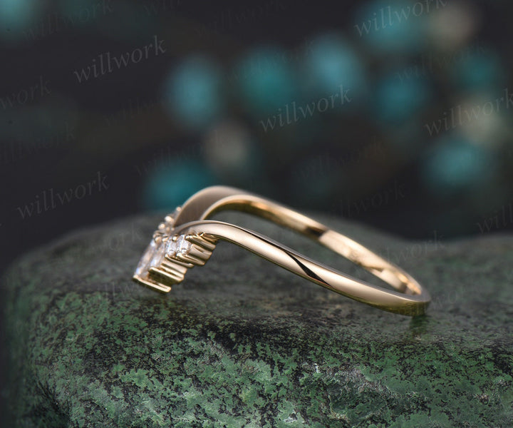 Curved V shaped marquise cut diamond wedding band solid 14k yellow gold stacking moissanite bridal anniversary ring women gift