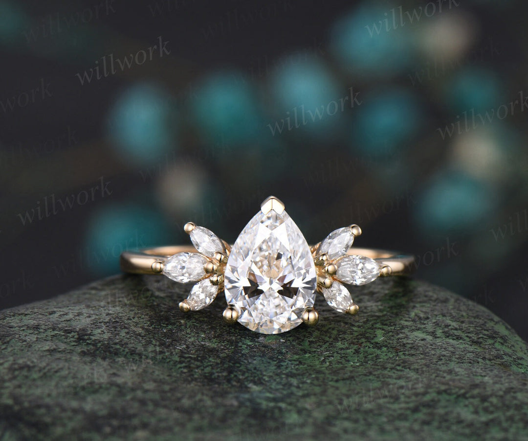 Vintage pear shaped IGI Lab grown diamond engagement ring solid 14k 18k yellow gold marquise cut diamond bridal wedding ring set women jewelry