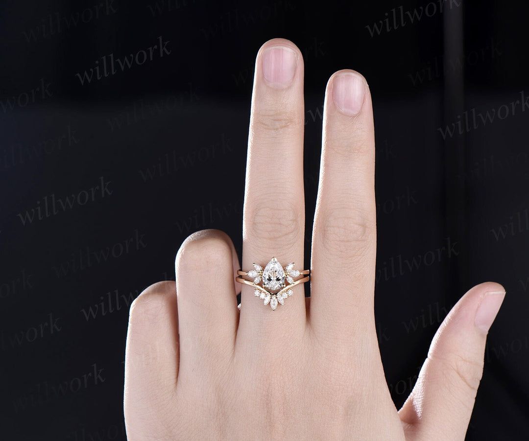 Vintage pear shaped IGI Lab grown diamond engagement ring solid 14k 18k yellow gold marquise cut diamond bridal wedding ring set women jewelry