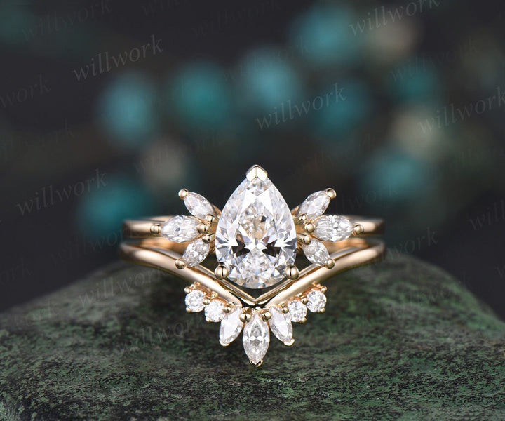 Vintage pear shaped Lab grown diamond engagement ring solid 14k 18k yellow gold marquise cut diamond bridal wedding ring set women jewelry