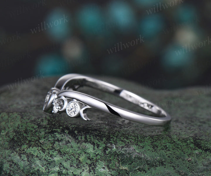 Heart moon bezel diamond wedding band solid 14k white gold vintage stacking wedding ring women unique anniversary bridal ring jewelry gift