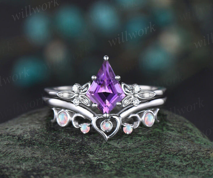 Kite cut purple amethyst engagement ring solid 14k white gold leaf five stone heart moon opal ring women unique bridal anniversary ring gift