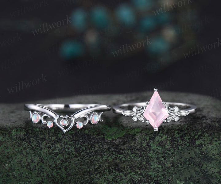 Kite cut rose quartz engagement ring solid 14k white gold leaf five stone heart moon opal ring women unique bridal wedding ring jewelry gift