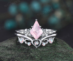 Kite cut rose quartz engagement ring solid 14k white gold leaf five stone heart moon opal ring women unique bridal wedding ring jewelry gift