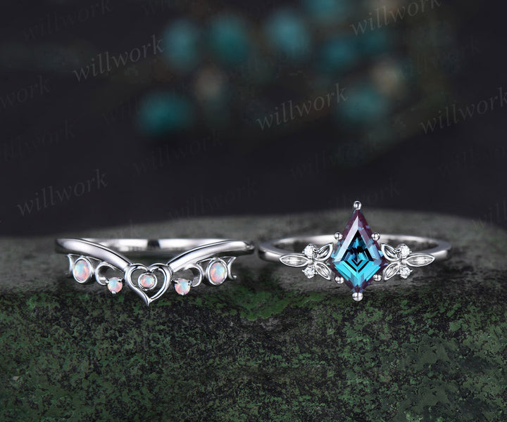 Kite cut alexandrite engagement ring solid 14k white gold leaf five stone heart moon opal ring women unique bridal wedding ring jewelry gift