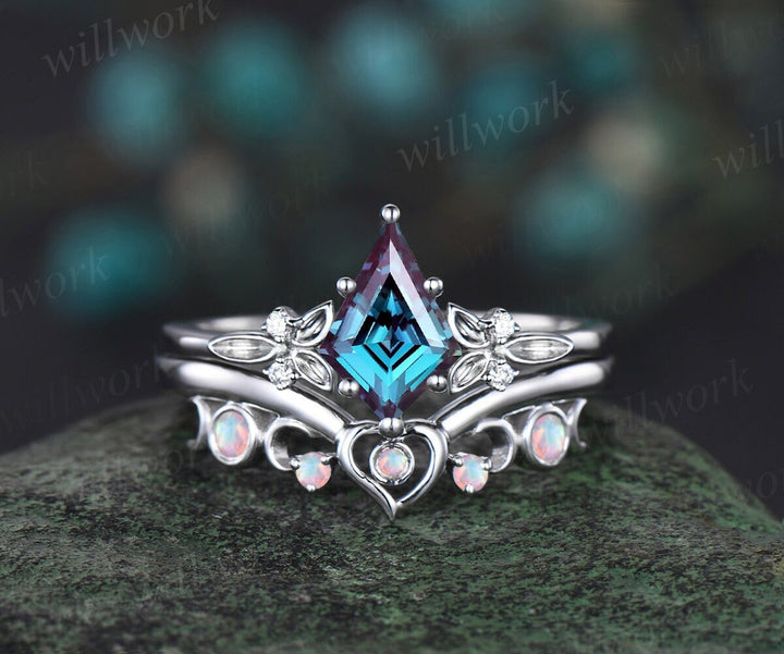 Kite cut alexandrite engagement ring solid 14k white gold leaf five stone heart moon opal ring women unique bridal wedding ring jewelry gift