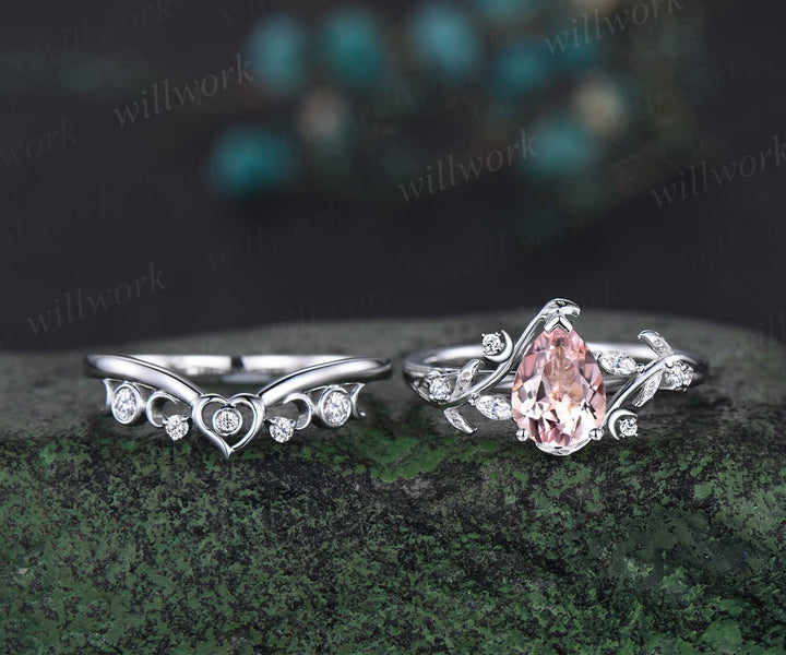 Vintage pear pink morgantie engagement ring white gold heart leaf moon nature inspired diamond bridal wedding ring set women jewelry gift