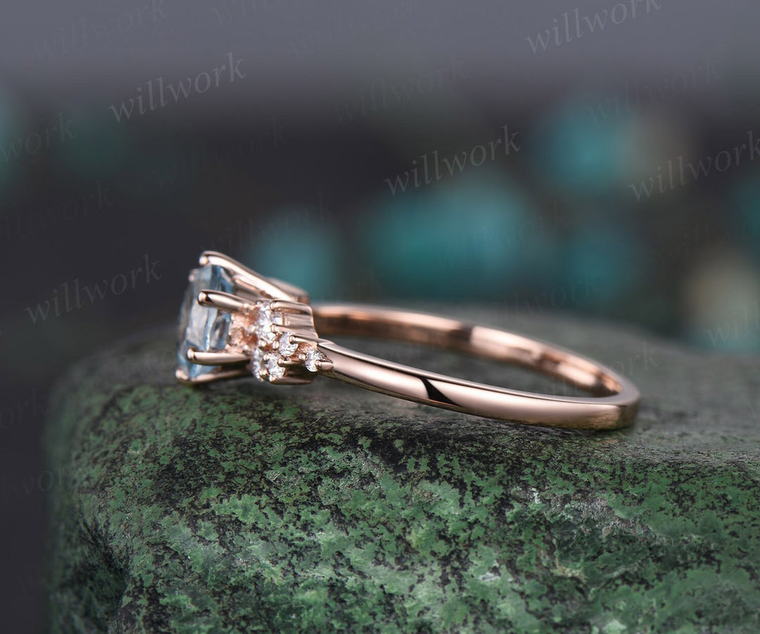 Round cut sky blue topaz ring vintage rose gold 6 prong snowdrift unique engagement ring women dainty diamond wedding anniversary ring gift