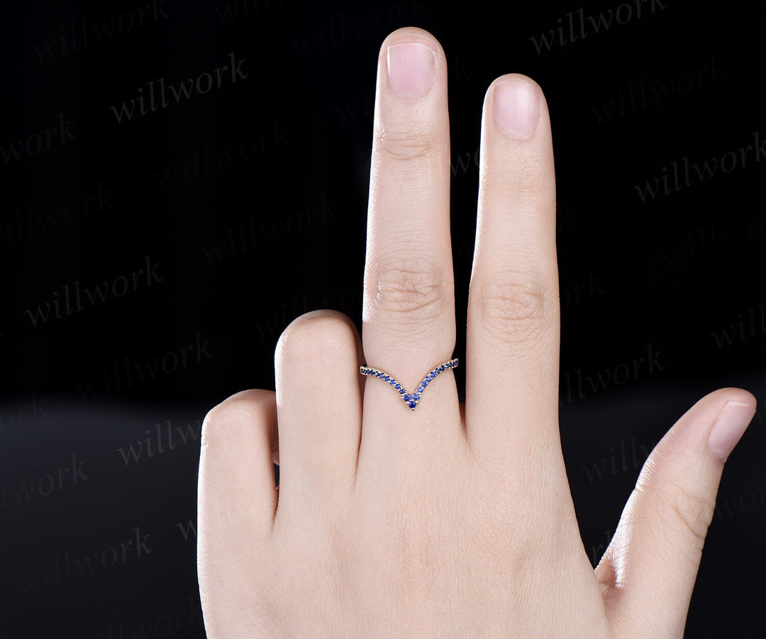 Curved V shaped natural sapphire wedding band solid 14k yellow gold stacking half eternity bridal anniversary ring women gift