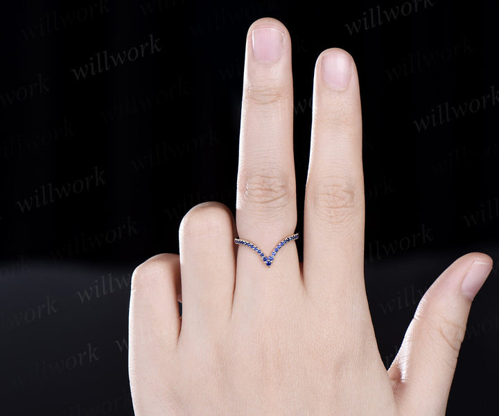 Curved V shaped natural sapphire wedding band solid 14k yellow gold stacking half eternity bridal anniversary ring women gift