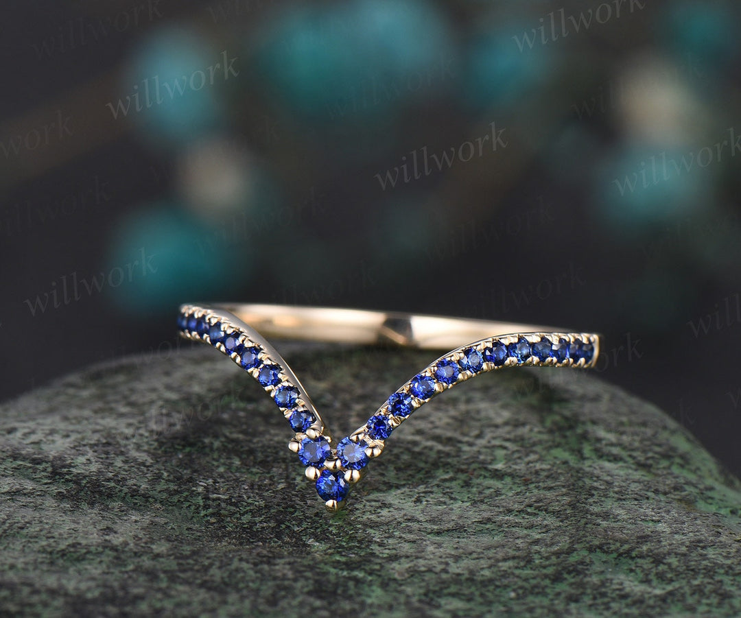 Curved V shaped natural sapphire wedding band solid 14k yellow gold stacking half eternity bridal anniversary ring women gift