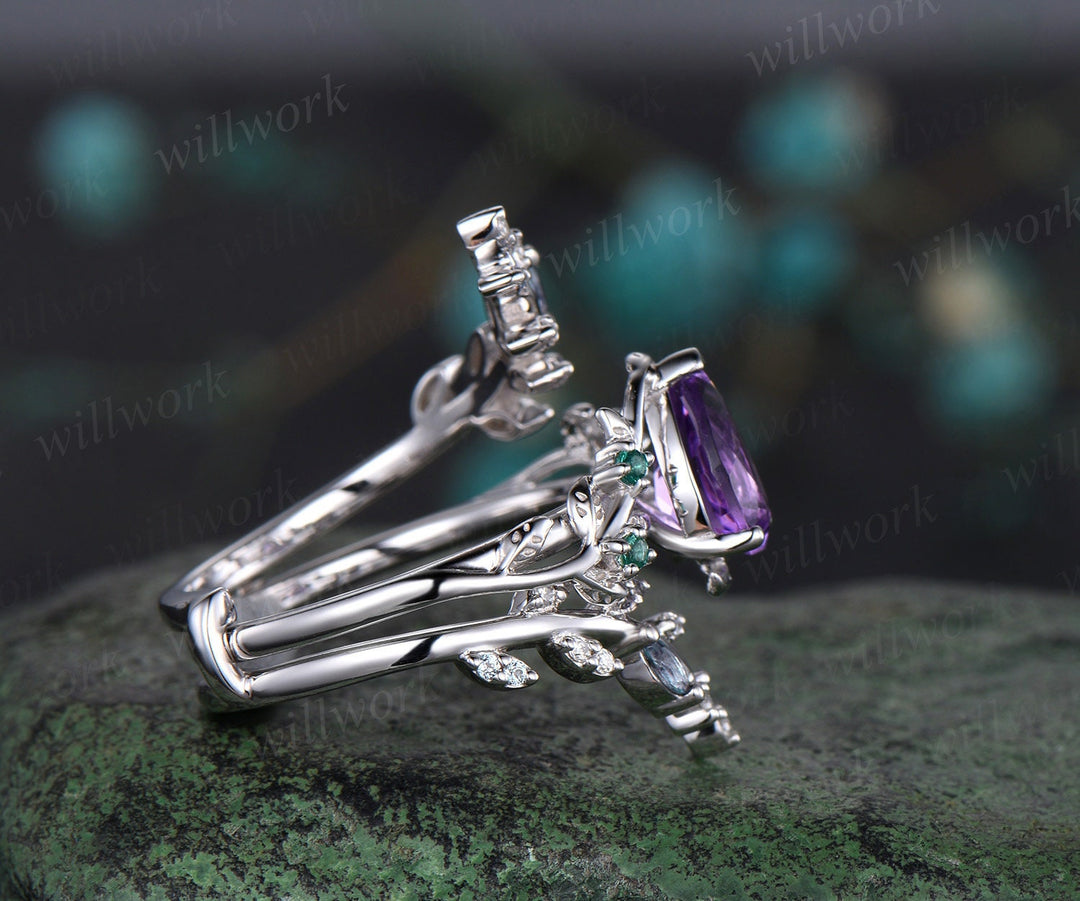 Vintage pear shaped amethyst engagement ring nature inspired leaf emerald white gold wedding band enhancer twisted bridal ring set women