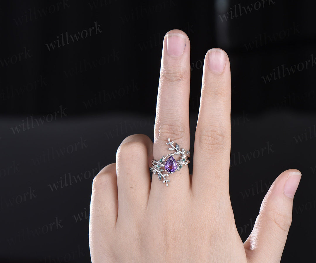 Vintage pear shaped amethyst engagement ring nature inspired leaf emerald white gold wedding band enhancer twisted bridal ring set women