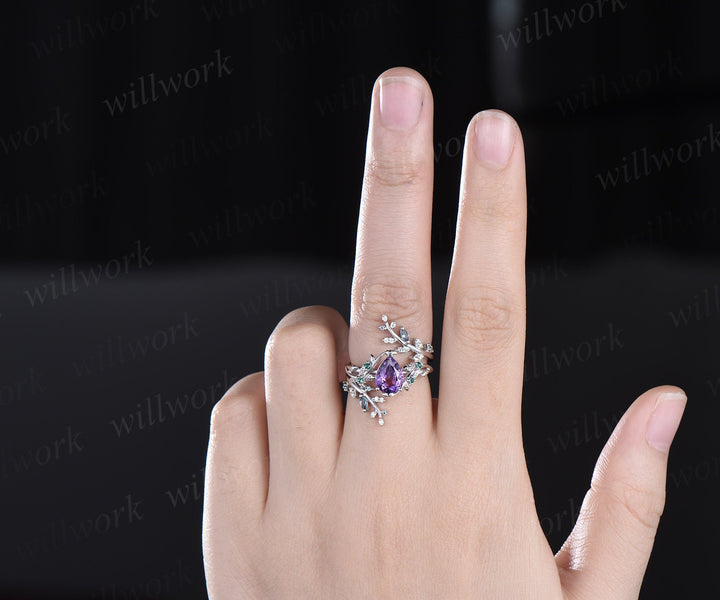 Vintage pear shaped amethyst engagement ring nature inspired leaf emerald white gold wedding band enhancer twisted bridal ring set women