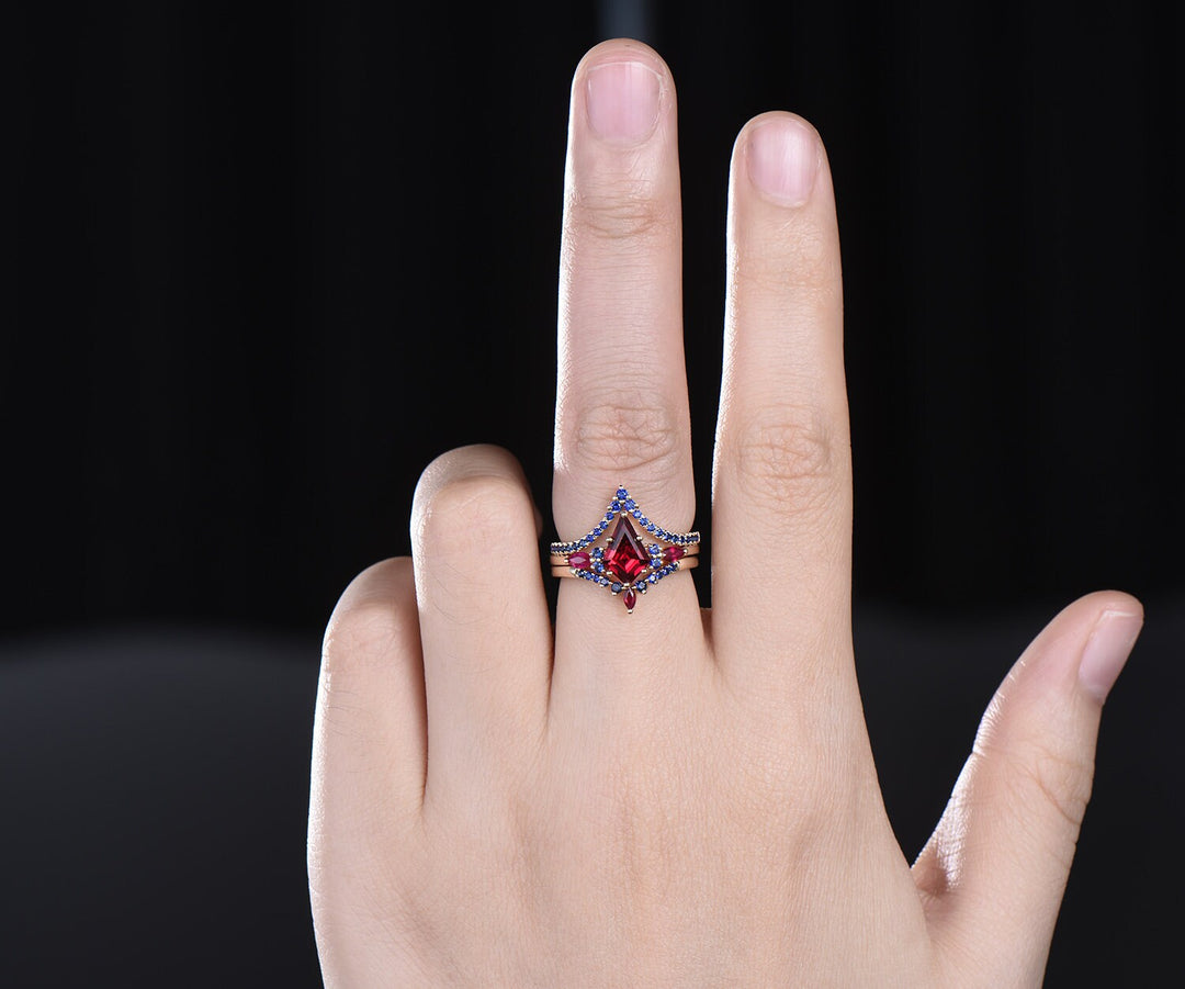 Kite cut red ruby engagement ring solid 14k yellow gold 6 prong blue sapphire ring gemstone unique anniversary ring women gift jewelry