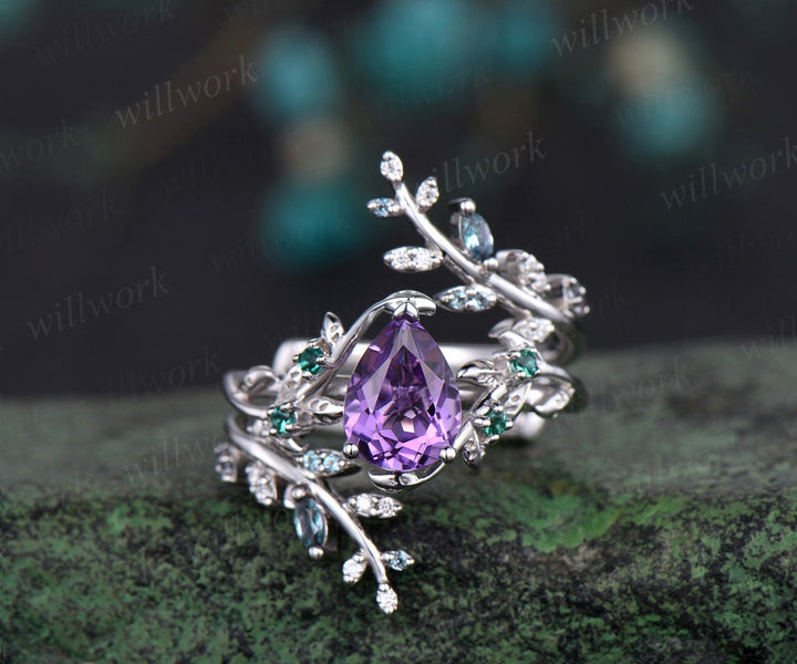 Vintage pear shaped amethyst engagement ring nature inspired leaf emerald white gold wedding band enhancer twisted bridal ring set women