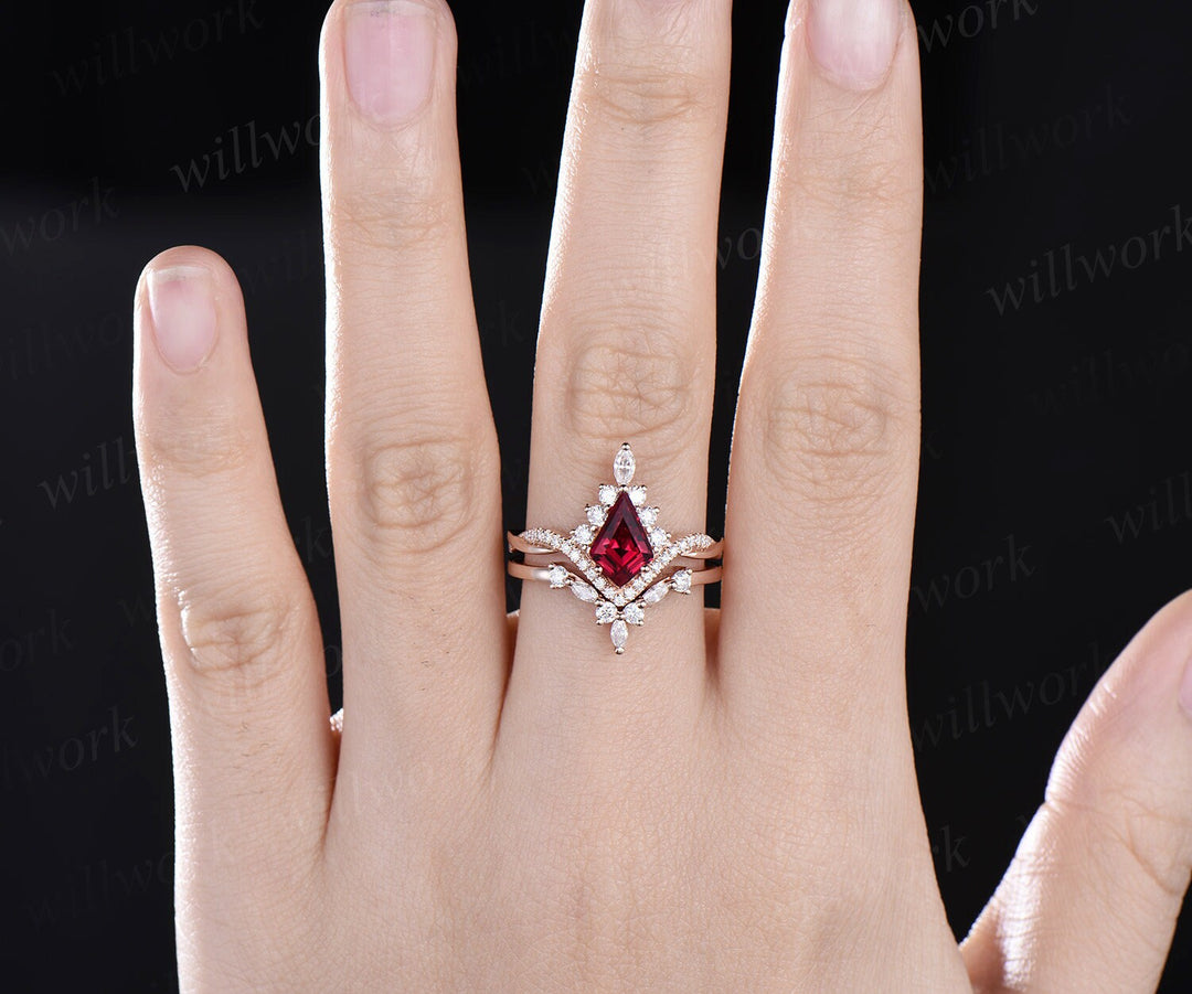 Vintage kite cut red ruby ring rose gold halo unique engagement ring set art deco curved twisted diamond promise wedding ring women