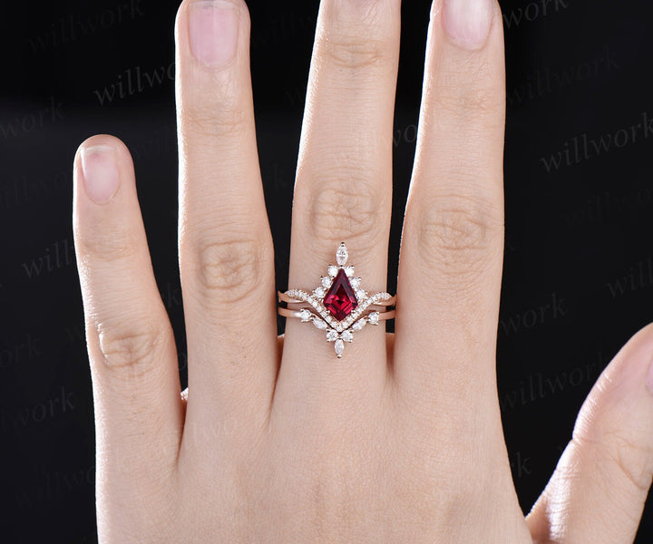 Vintage kite cut red ruby ring rose gold halo unique engagement ring set art deco curved twisted diamond promise wedding ring women