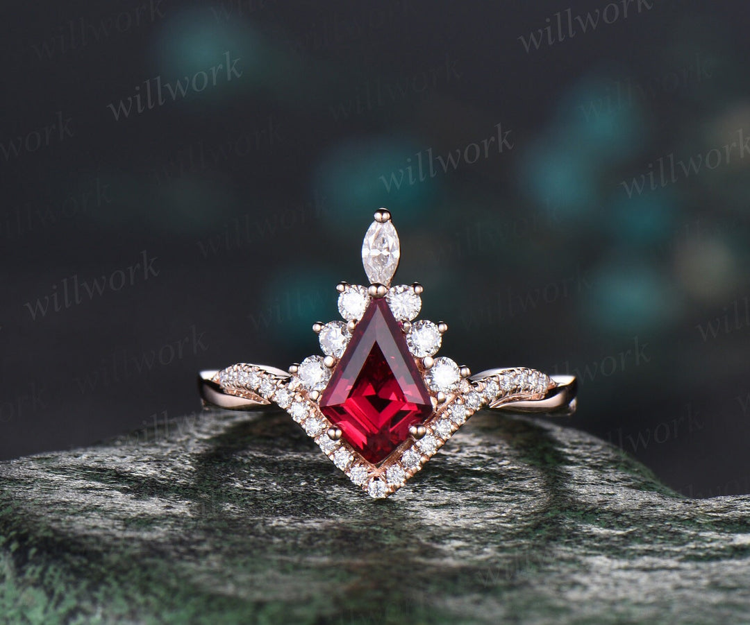 Vintage kite cut red ruby ring rose gold halo unique engagement ring set art deco curved twisted diamond promise wedding ring women