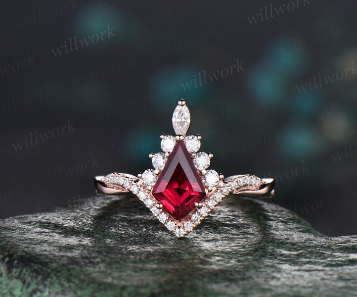 Vintage kite cut red ruby ring rose gold halo unique engagement ring set art deco curved twisted diamond promise wedding ring women