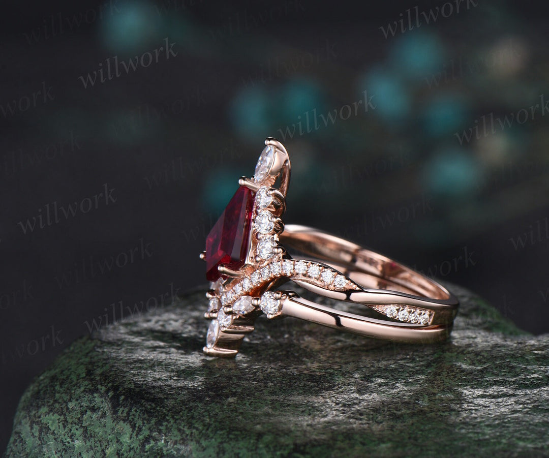 Vintage kite cut red ruby ring rose gold halo unique engagement ring set art deco curved twisted diamond promise wedding ring women