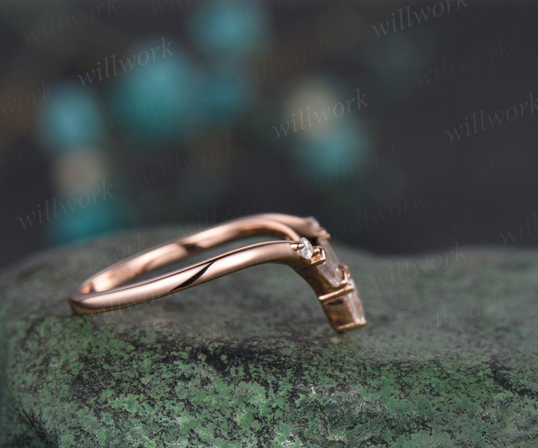 Curved V shaped pear baguette diamond wedding band 14k 18k rose gold unique moissanite wedding ring band dainty anniversary ring women
