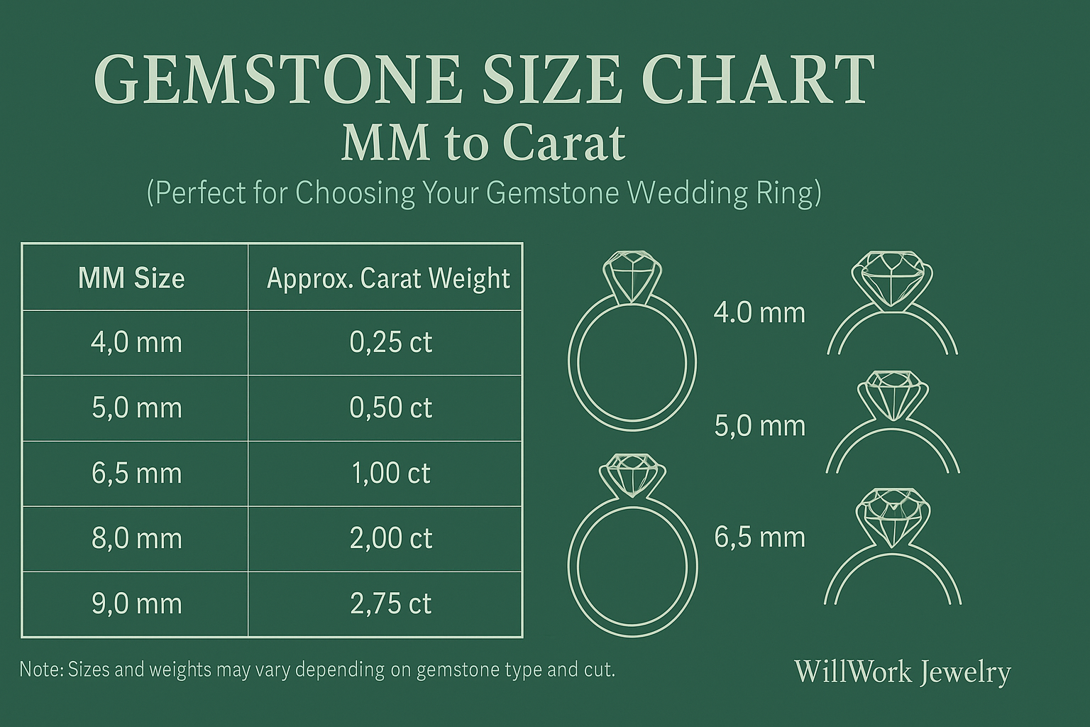 Gemstone Size Chart MM to Carat — Choosing the Perfect Gemstone Weddi