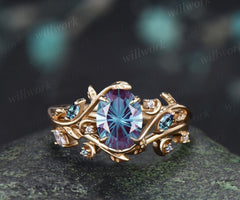 Oval Fireworks Cut Alexandrite Engagement Ring Set Leaf Branch Moon Promise Ring Alexandrite Stacking Wedding Band Bridal Set