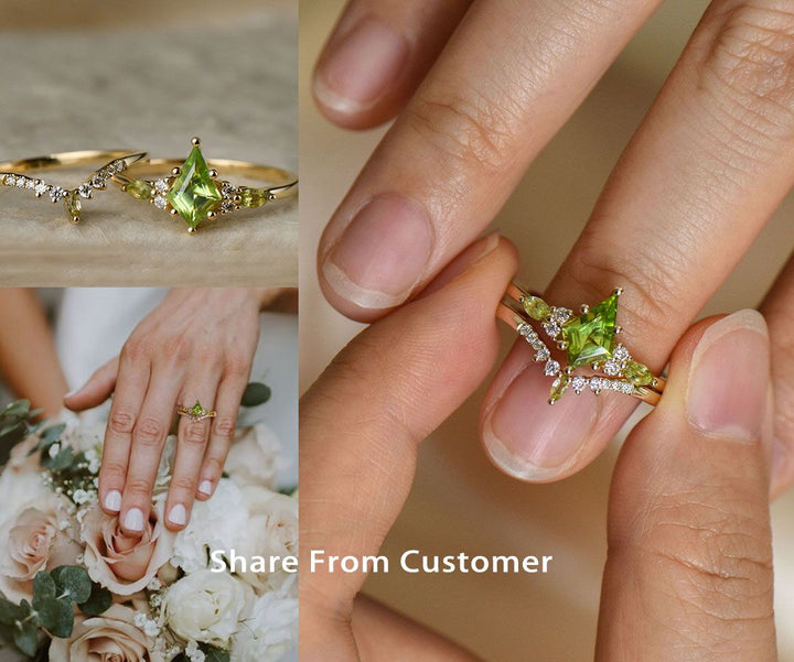 Kite cut peridot ring vintage yellow gold 6 prong unique engagement ring women moissanite citrine ring dainty anniversary ring set gift