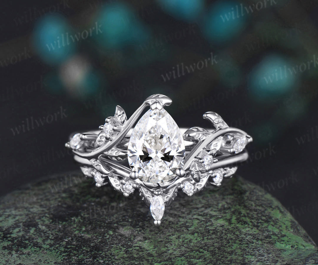 Vintage pear IGI Lab grown diamond engagement ring solid 14k yellow gold leaf branch five stone nature inspired promise bridal ring set women