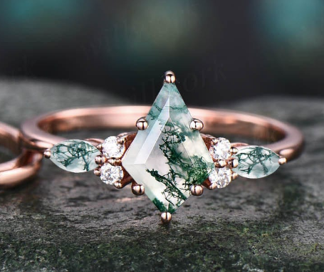 Kite cut green moss agate ring rose gold 6 prong art deco unique engagement ring women dainty diamond ring Personalized anniversary gift