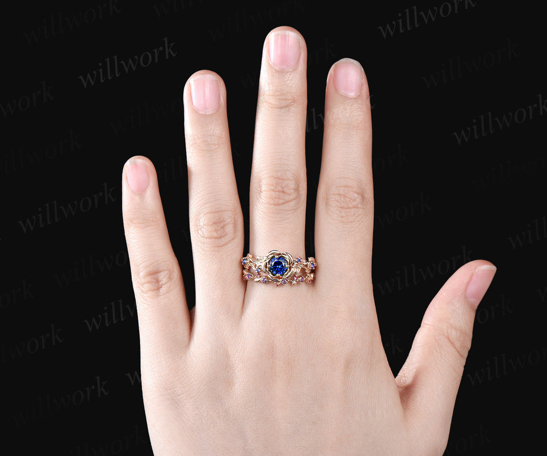 Unique Rose Flower Vine Twig Branch Nature Inspired Ring Sapphire Engagement Ring Ruby Amethyst Floral Leaf Wedding Band 2pcs Bridal Ring Set