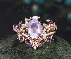 Unique Oval Cut Lavender Amethyst Engagement Ring Set February Birthstone Moon Leaf Nature Inspired Ring Art Deco 2pcs Bridal Ring Set Women