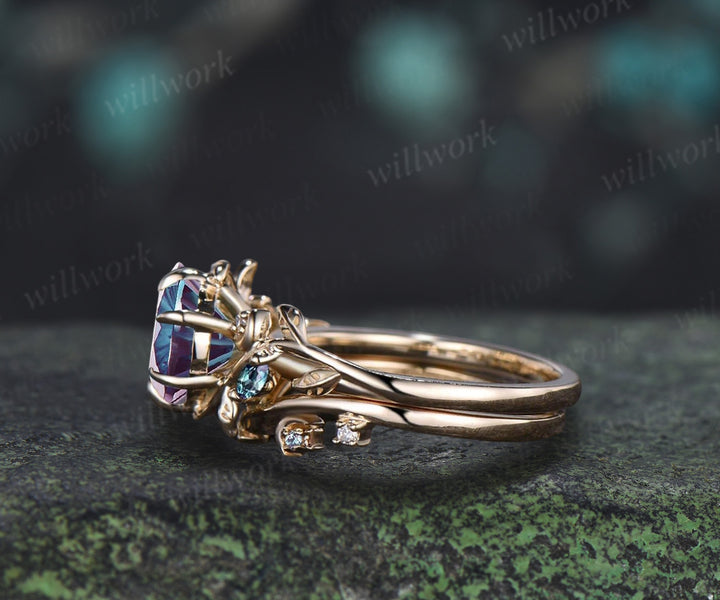 1CT Fireworks Cut Alexanrite Ring Set Leaf Vine Art Dece Moon Promise Ring Diamond Alexandrite Wedding Band Vintage Bridal Set