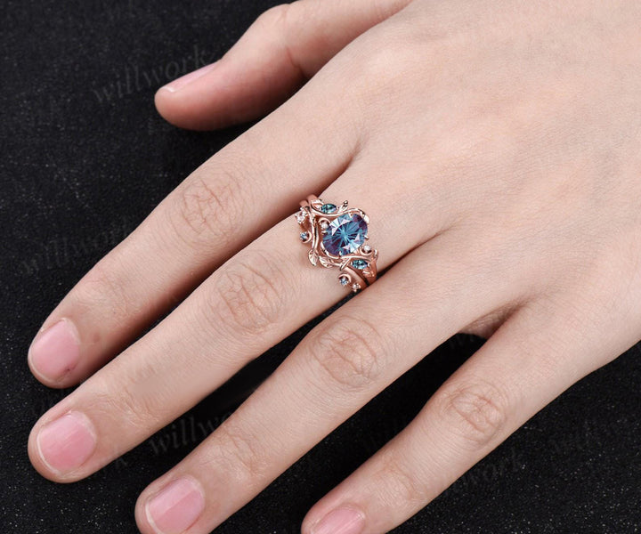 Oval Fireworks Cut Alexandrite Engagement Ring Set Leaf Branch Moon Promise Ring Alexandrite Stacking Wedding Band Bridal Set