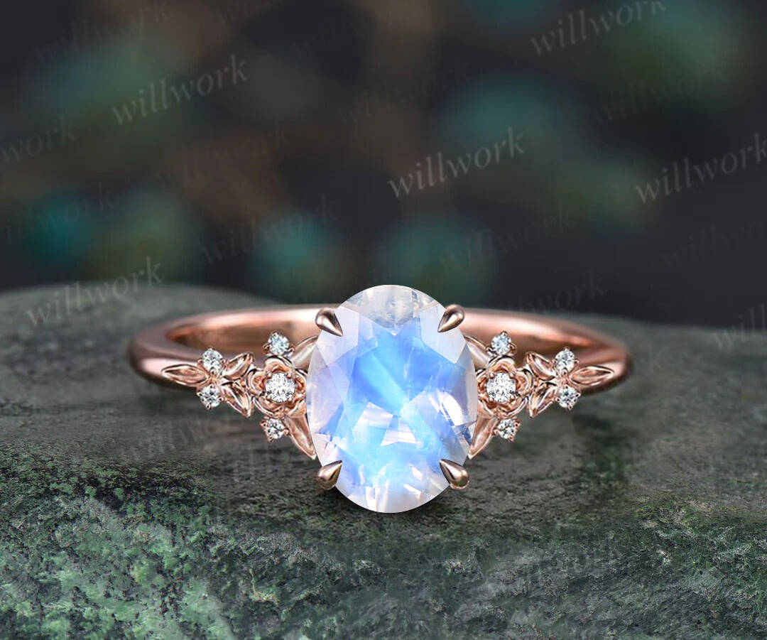 Vintage oval cut moonstone engagement ring solid 14k rose gold leaf floral nature inspired diamond ring women jewelry bridal set