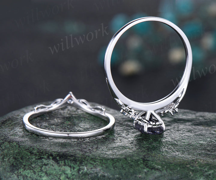 Leaf Vine Twig Branch Nature Inspired Engagement Ring Set Unique Galaxy Oval Cut Blue Sandstone Wedding Ring 14k White Gold Alexandrite Healing Ring 2pcs Bridal Ring Set