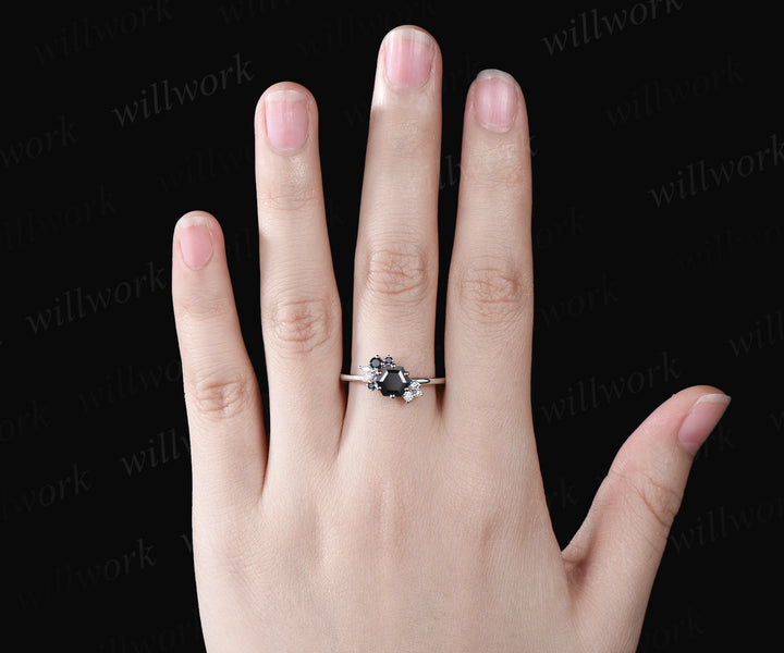 Art Deco Hexagon Cut Natural Black Onyx Engagement Ring Unique 14k White Gold Moissanite Cluster Wedding Ring