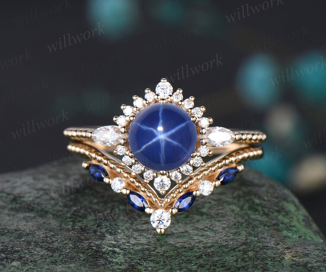 Vintage Round Cut Blue Star Sapphire Engagement Ring Set September Birthstone Moissanite Halo Wedding Ring Antique 14k Yellow Gold Blue Sapphire 3pcs Bridal Ring Set