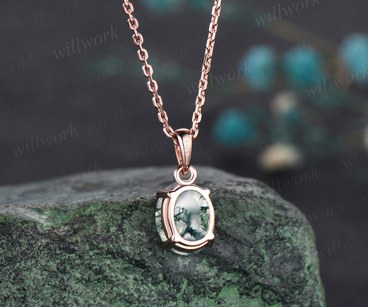2ct 7x9mm Oval Cut Natural Green Moss Agate Necklace 14k Rose Gold Green Agate Solitaire Pendant Minimalist Aquatic Agate Birthday Promise Necklace Gift