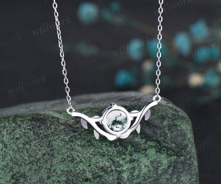 Minimalist Round Cut Natural Green Moss Agate Necklace Leaf Twig Vine Branch Nature Inspired Pendant 14k White Gold Solitaire Promise Jewelry Gift For Women