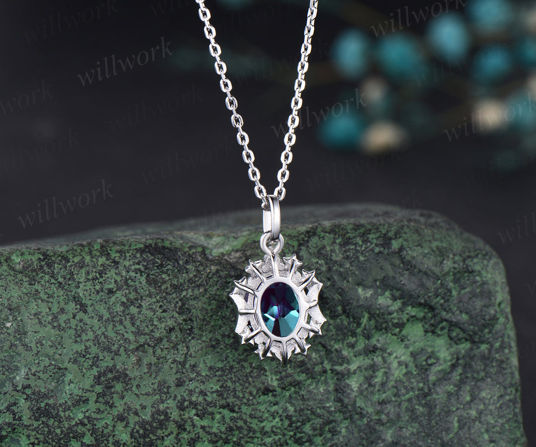 Unique Oval Cut June Birthstone Alexandrite Necklace Moissanite Three Stone Star Moon Pendant Minimalist 925 Sterling Silver 14k White Gold Engagement Gift