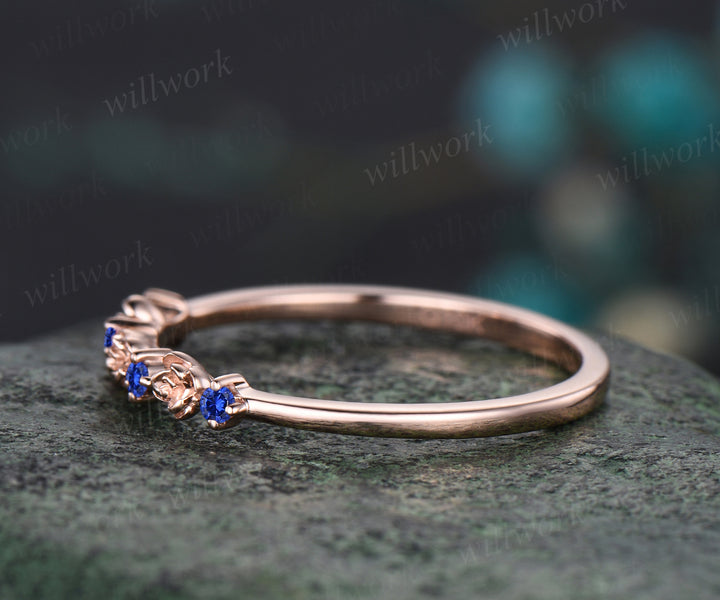 Unique Round Blue Sapphire Wedding Band Floral Flower Nature Inspired Wedding Ring September Birthstone Stacking Band