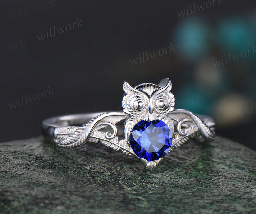 Unique Branch Twig Vine Owl Engagement Ring Round Blue Sapphire Wedding Ring Cute Owl Antique Nature Inspired Blue Sapphire Jewelry