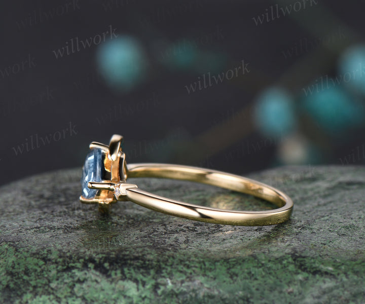 Moon kite cut aquamarine Engagement Ring solid 14k yellow gold March birthstone snowdrift cluster wedding promise ring women