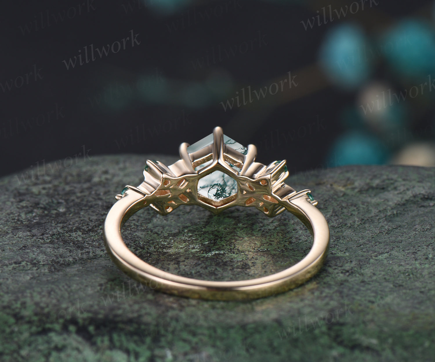 Unique Hexagon Cut Natural Moss Agate Engagement Ring Celtic Knot