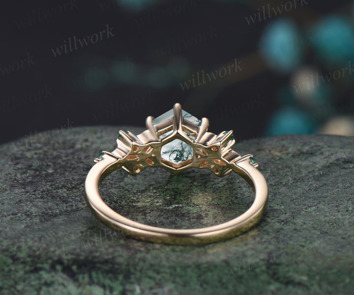 Unique Hexagon Cut Natural Moss Agate Engagement Ring Celtic Knot Wedding Ring Emerald Seven Stone Bridal Ring Gift For Women