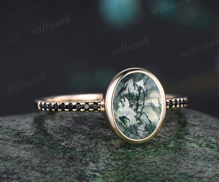 Oval Cut Natural Moss Agate Engagement Ring Unique Black Spinel Diamond Half Eternity Ring Bezel Set Promise Ring